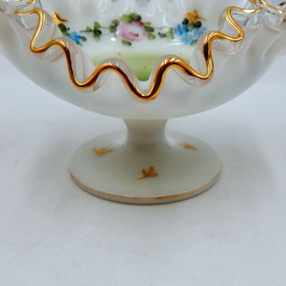 Fenton Charleton Rose Green Mist Silvercrest Compote Gold Trim Hand-painted - Picture 8 of 11